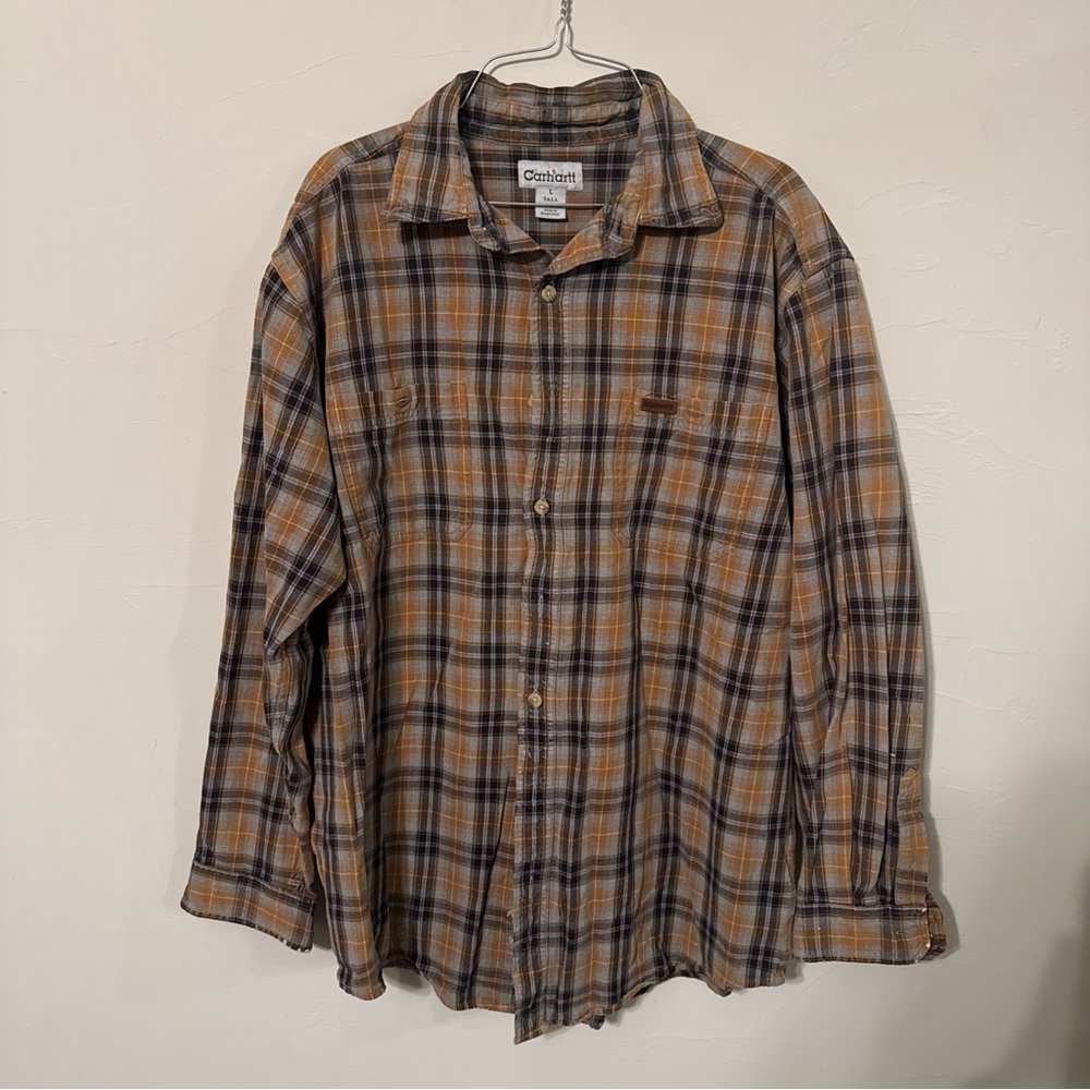 Carhartt Workwear Flannel Button Shirt  Size L Mens Cotton Work Tall Chore Beige